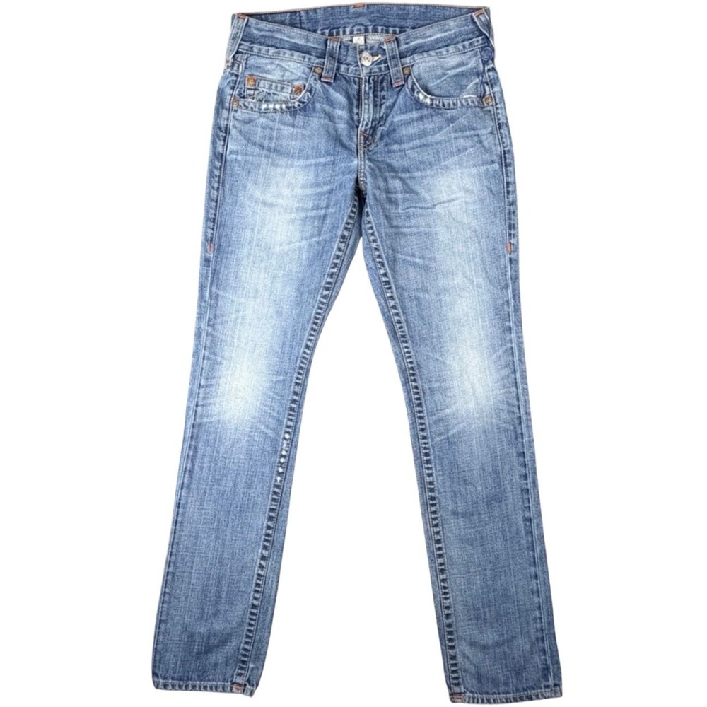 True Religion Men's W32 L34 Basic Slim BZOM Sailing Reef Faded Blue Wash Jeans
